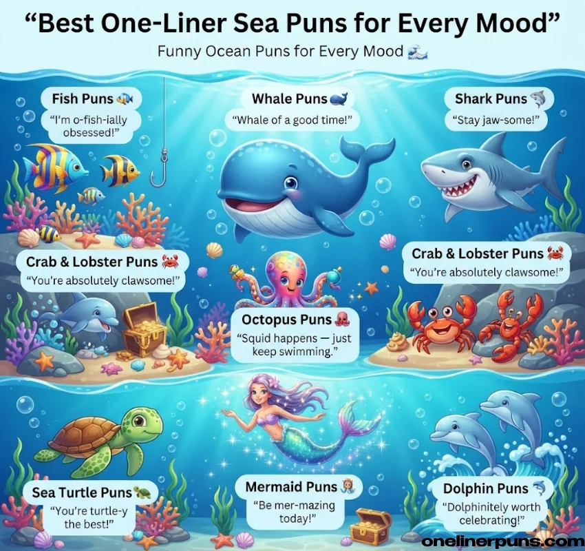 Best One-Liner Sea Puns for Every Mood, fish puns, whale puns, shark puns, crabs and lobster puns, octopus puns