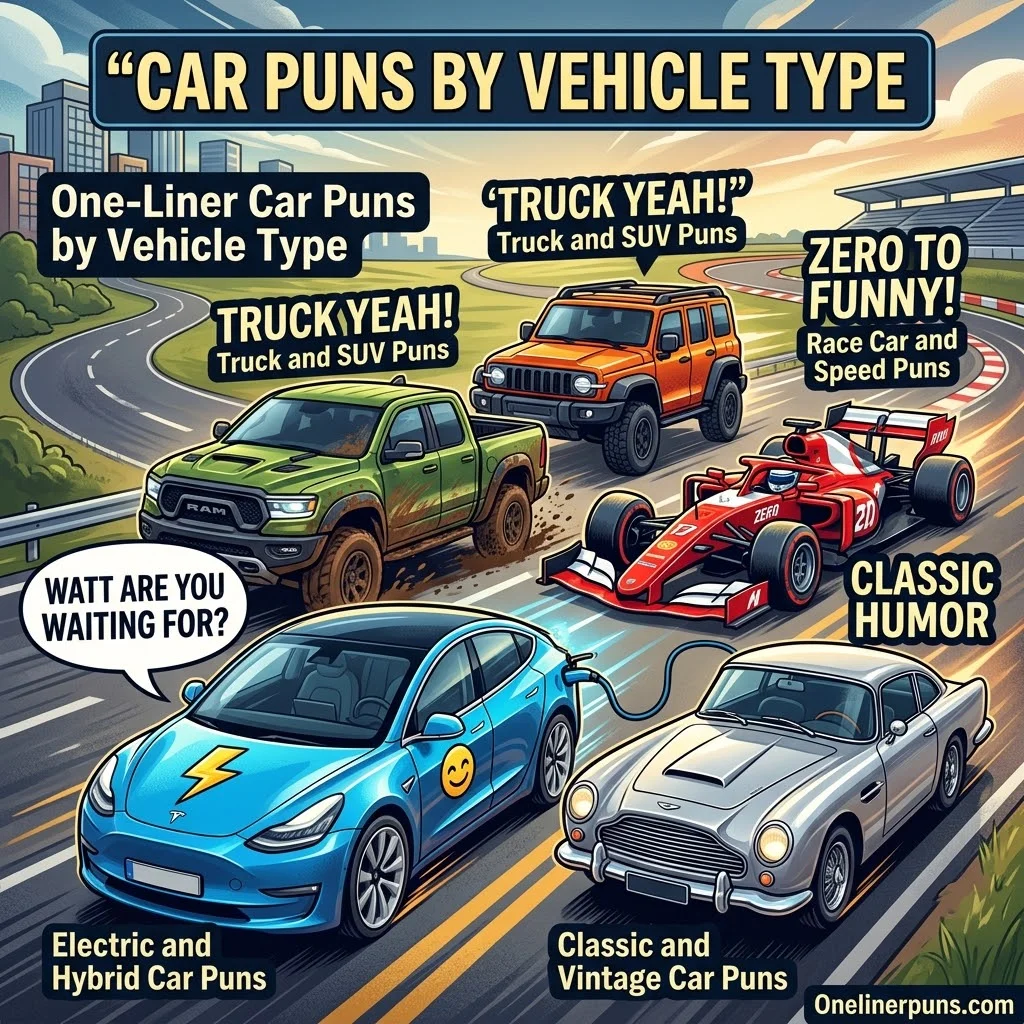 One-Liner Car Puns by Vehicle Type (EV, Truck, Race and Classic Car Puns)