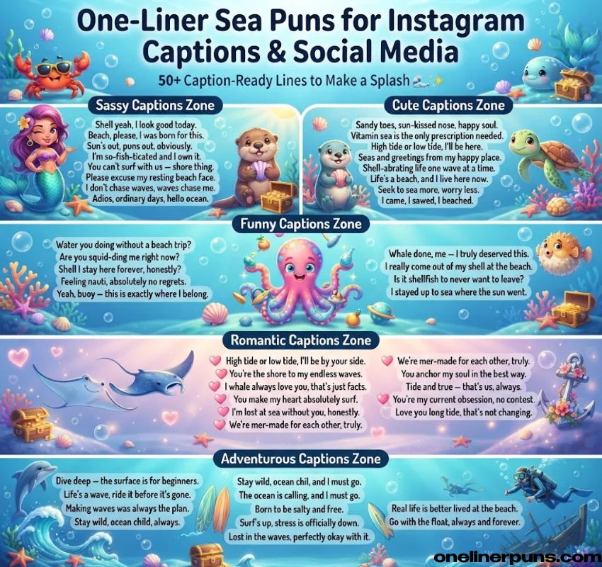 One-Liner Sea Puns for Instagram Captions & Social Media of cute puns, funny puns, sassy puns, romantic puns and adventurous puns